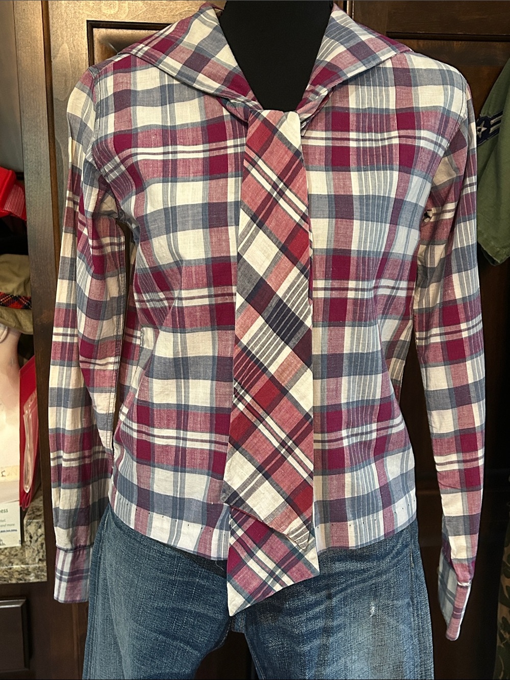 1970’s Ellen Tracy Sz S Plaid Tie-Front Long-Sleeve Women's Sailor Top